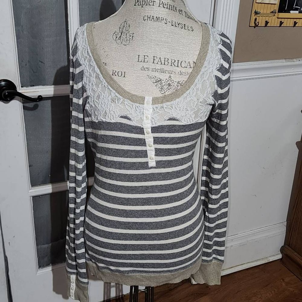 Free People Womens Gray Striped Lace Henley Sweater Large